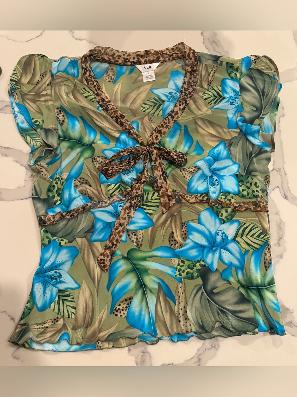 Women's Blue Floral CheetahTie-Neck Vintage Blouse